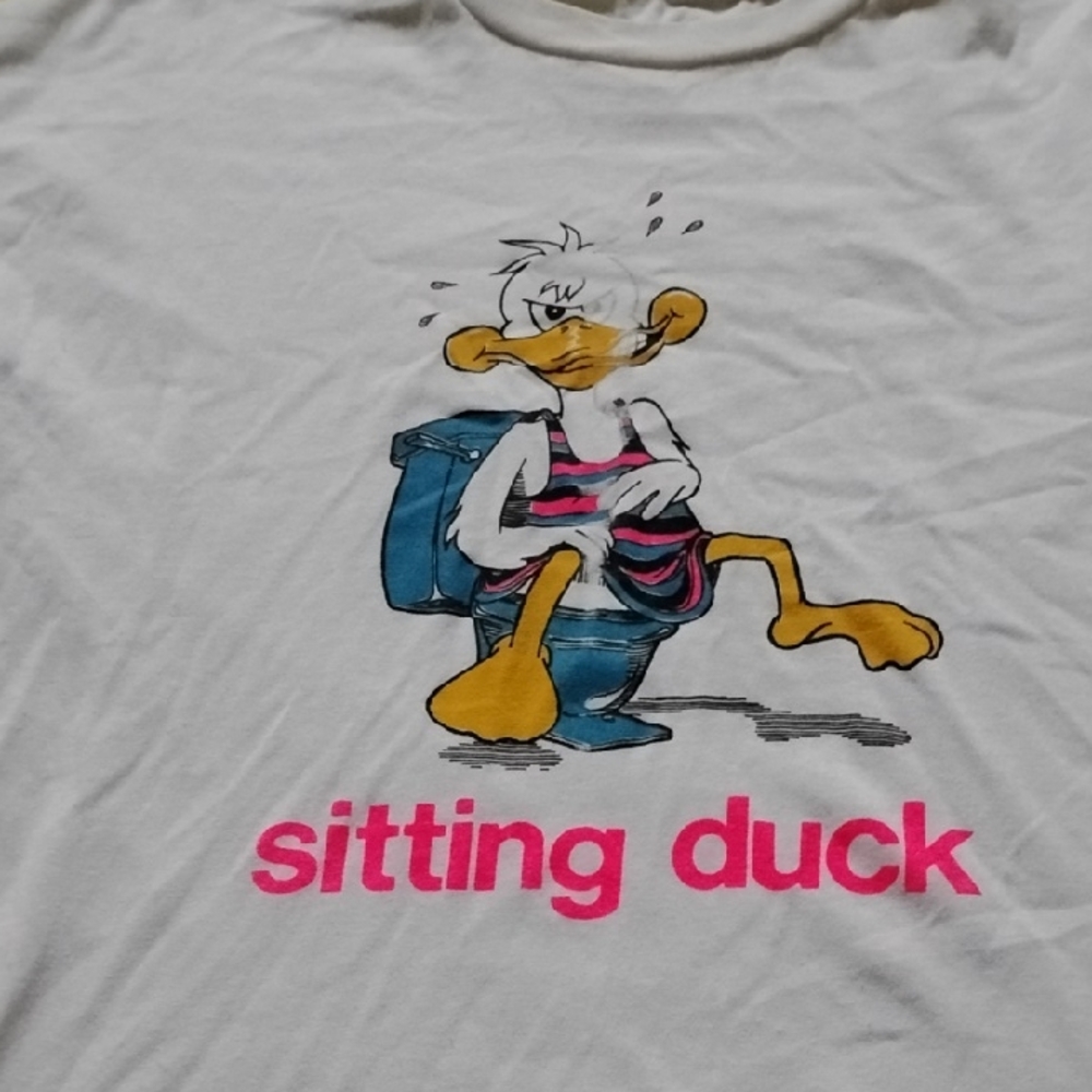 Men's White Vintage XL Single Stitch Sitting Duck Shirt Funny 80s 90s Novelty